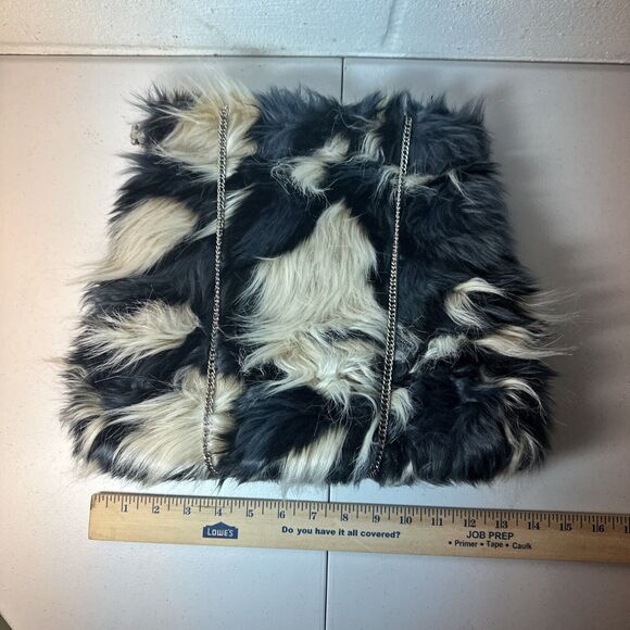 Mark  Avon Black Off White Faux Fur Tote Bag  Silver Chain Strap Handbag - Picture 3 of 9